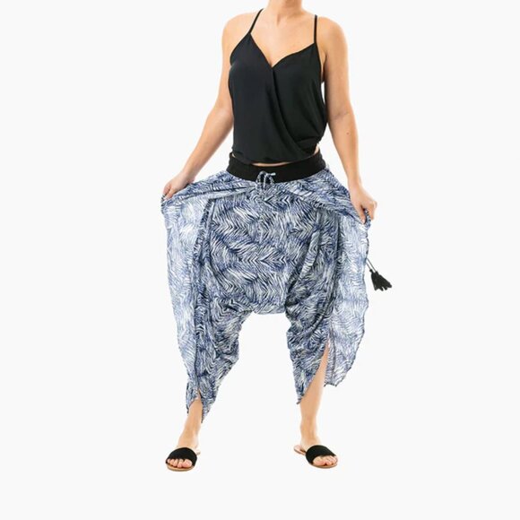 Buddha Pants Womens Elastic Slit Drawstring Boho Hippie Flap Harem Pants Blue - Picture 1 of 10